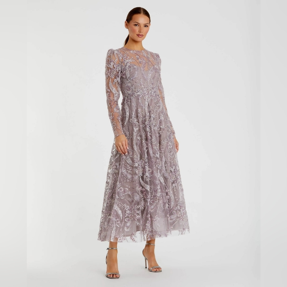 Mac Duggal Mauve Lace Beaded Long-Sleeve A-Line Gown